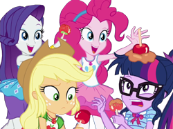 Size: 1442x1080 | Tagged: safe, artist:rarityvrymercollectiveoriginals, edit, edited screencap, screencap, applejack, pinkie pie, rarity, sci-twi, twilight sparkle, human, equestria girls, equestria girls series, g4, rollercoaster of friendship, background removed, geode of shielding, geode of sugar bombs, geode of super strength, geode of telekinesis, magical geodes, not a vector, rarity peplum dress, simple background, transparent background