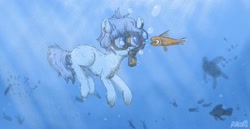 Size: 1980x1020 | Tagged: source needed, safe, artist:ralomchegg, oc, oc only, earth pony, fish, pony, blue eyes, blue mane, bubble, chest fluff, crepuscular rays, dive mask, ear fluff, goggles, ocean, open mouth, signature, solo, sunlight, underwater, water