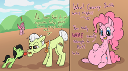 Size: 1940x1080 | Tagged: safe, artist:happy harvey, granny smith, pinkie pie, oc, oc:filly anon, earth pony, pony, g4, 2 panel comic, abdominal bulge, apple, belly button, bellyrubs, bush, chest fluff, cloud, comic, dialogue, ear fluff, exclamation point, eyes closed, female, filly, filly prey, foal, food, hill, kindness, laughing, looking back, mare pred, misunderstanding, open mouth, phone drawing, pinkie pred, sitting, standing, starry eyes, stuffed belly, vore, wingding eyes
