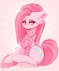 Size: 800x960 | Tagged: safe, artist:valeria_fills, pinkie pie, earth pony, pony, g4, clothes, cute, diapinkes, ear fluff, female, mare, pink background, pinkamena diane pie, simple background, sitting, solo, sweater