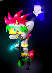 Size: 1369x1933 | Tagged: safe, artist:spritecranbirdie, oc, oc only, unicorn, anthro, anorexic, arm warmers, bandaid, boots, breasts, clothes, female, glowing, glowstick, gold tooth, heterochromia, party, shoes, short shirt, skirt, small breasts, solo, tail, two toned mane, two toned tail, yellow sclera