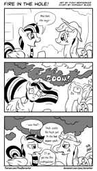 Size: 1320x2328 | Tagged: safe, artist:pony-berserker, applejack, twilight sparkle, alicorn, earth pony, pony, pony-berserker's twitter sketches, g4, applejack's hat, cowboy hat, duo, duo female, female, fire, hat, implied rainbow dash, mare, monochrome, smoke, the implications are horrible, this will end in pain, twilight sparkle (alicorn), zoom
