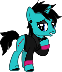 Size: 956x1112 | Tagged: safe, artist:lightningbolt, derpibooru exclusive, pony, unicorn, .svg available, as it is, clothes, ear piercing, earring, eyeliner, eyeshadow, hoof on chest, hoof polish, horn, horn piercing, jacket, jewelry, lidded eyes, lip bite, looking at you, makeup, male, nose piercing, painted horn, patty walters, piercing, ponified, raised hoof, shirt, simple background, solo, stallion, svg, tattoo, transparent background, undershirt, vector