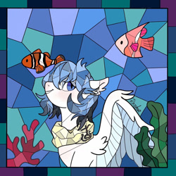 Size: 1280x1280 | Tagged: safe, artist:seedlessspomegranate, oc, oc only, fish, pegasus, pony, blushing, clothes, commission, coral, digital art, ear fluff, ocean, scarf, seaweed, signature, smiling, solo, sparkles, spread wings, underwater, water, wings