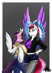 Size: 2480x3508 | Tagged: safe, artist:mekblue, pipp petals, zipp storm, pegasus, anthro, g5, crown, duo, female, high res, jewelry, princess, regalia, royal sisters (g5), siblings, sisters, spread wings, wings