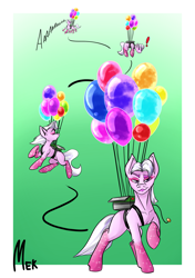 Size: 1748x2480 | Tagged: safe, artist:mekblue, ivory cedar, earth pony, pony, g5, my little pony: a new generation, balloon, exclamation point, floating, flying, funny, male, out of control, screaming, solo, stallion, then watch her balloons lift her up to the sky
