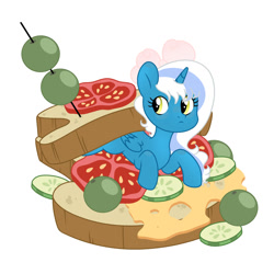 Size: 1024x1024 | Tagged: safe, artist:riofluttershy, oc, oc only, oc:fleurbelle, alicorn, pony, alicorn oc, bow, cheese, cucumber, female, food, hair bow, horn, mare, olive, sandwich, simple background, sliced cheese, solo, tomato, white background, wings