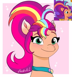 Size: 1920x2048 | Tagged: safe, artist:pearl a.g, sunny starscout, earth pony, pony, g5, mane melody, my little pony: tell your tale, spoiler:g5, spoiler:my little pony: tell your tale, spoiler:tyts01e05, alternate hairstyle, bust, female, looking at you, mane stripe sunny, mare, ponytail, screencap reference, smiling, solo