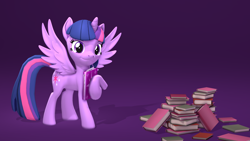 Size: 3840x2160 | Tagged: safe, artist:cutthroadstreak, twilight sparkle, alicorn, pony, g4, 3d, book, high res, looking at you, pile of books, purple background, revamped ponies, simple background, smiling, solo, source filmmaker, standing, twilight sparkle (alicorn)