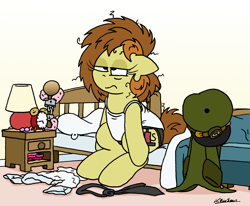 Size: 2208x1821 | Tagged: safe, artist:bobthedalek, oc, oc only, oc:bubble pump, earth pony, pony, alarm clock, bed, bed mane, clock, clothes, cuffs, fuzzy handcuffs, hat, jacket, lamp, messy bed, morning ponies, necktie, panties, shirt, tired, underwear, vest