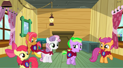 Size: 1539x855 | Tagged: safe, artist:swiftgaiathebrony, apple bloom, babs seed, scootaloo, spike, sweetie belle, earth pony, pegasus, pony, unicorn, g4, cape, clothes, clubhouse, cmc cape, crusaders clubhouse, cutie mark crusaders, female, filly, foal, ponified, ponified barb, ponified spike, rule 63, species swap, treehouse