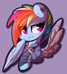 Size: 2690x2975 | Tagged: safe, artist:sakukitty, rainbow dash, pegasus, pony, g4, alternate timeline, amputee, apocalypse dash, armor, artificial wings, augmented, crystal war timeline, eye clipping through hair, eyebrows, eyebrows visible through hair, female, high res, prosthetic limb, prosthetic wing, prosthetics, simple background, solo, torn ear, wings