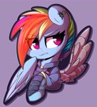 Size: 2690x2975 | Tagged: safe, artist:sakukitty, rainbow dash, pegasus, pony, alternate timeline, amputee, apocalypse dash, armor, artificial wings, augmented, crystal war timeline, eye clipping through hair, eyebrows, eyebrows visible through hair, female, prosthetic limb, prosthetic wing, prosthetics, simple background, solo, torn ear, wings