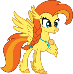 Size: 3587x3615 | Tagged: safe, artist:lightningbolt, oc, oc only, oc:goldenflow, classical hippogriff, hippogriff, g4, beak, braid, female, full body, grin, high res, show accurate, simple background, smiling, solo, spread wings, standing, tail, transparent background, two toned tail, wings