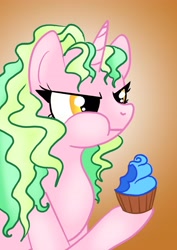 Size: 3363x4756 | Tagged: safe, oc, pony, unicorn, annoyed, cupcake, eating, female, food, simple background