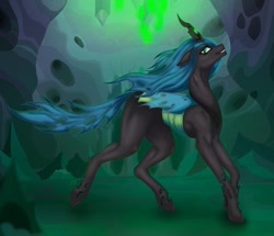 Size: 1280x1102 | Tagged: safe, artist:alicevoice, queen chrysalis, changeling, changeling queen, g4, changeling hive, digital art, female, flowing mane, glowing, glowing horn, green eyes, green mane, holes, horn, mare, signature, smiling, solo, teeth, walking, wings