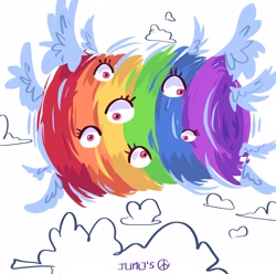 Size: 2048x2033 | Tagged: safe, artist:dmitrymemovznok, rainbow dash, angel, pegasus, pony, g4, biblically accurate angels, cloud, colored wings, female, high res, mare, multicolored wings, multiple eyes, sky, solo, wings