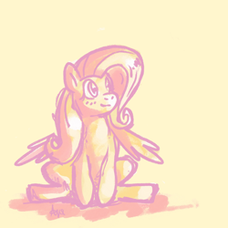 Size: 1280x1280 | Tagged: safe, artist:aquastal, fluttershy, pegasus, pony, g4, female, limited palette, looking away, looking up, mare, partially open wings, simple background, sitting, smiling, solo, wings, yellow background