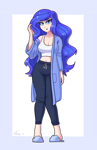 Size: 2232x3460 | Tagged: safe, artist:dandy, princess luna, human, belly button, breasts, busty princess luna, cleavage, clothes, female, humanized, looking at you, midriff, pants, robe, short shirt, slippers, solo, sweatpants