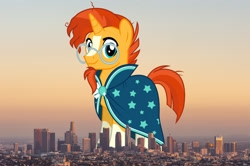 Size: 1280x852 | Tagged: safe, artist:cheezedoodle96, artist:thegiantponyfan, edit, sunburst, pony, unicorn, g4, california, cloak, clothes, giant pony, giant unicorn, glasses, highrise ponies, irl, looking at you, los angeles, macro, male, mega giant, photo, ponies in real life, smiling, solo, stallion, standing, sunburst's cloak
