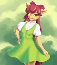 Size: 1064x1200 | Tagged: safe, artist:escapist, apple bloom, earth pony, anthro, g4, clothes, dress, grin, one eye closed, smiling, solo, wink