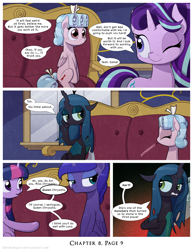Size: 1200x1552 | Tagged: safe, artist:deusexequus, cozy glow, princess luna, queen chrysalis, starlight glimmer, twilight sparkle, alicorn, changeling, changeling queen, pegasus, pony, unicorn, comic:fix, g4, argument in the comments, comic, debate in the comments, discussion in the comments, english, female, filly, foal, mare, onomatopoeia, raspberry, raspberry noise, speech bubble, twilight sparkle (alicorn)