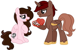 Size: 1280x854 | Tagged: safe, artist:lupulrafinat, oc, oc only, alicorn, pony, alicorn oc, chocolate, colored wings, crying, eyelashes, female, food, holiday, hoof on chest, horn, male, mare, oc x oc, shipping, simple background, smiling, stallion, straight, tears of joy, transparent background, two toned wings, uns, valentine's day, wings