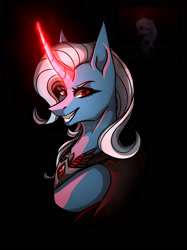 Size: 1280x1707 | Tagged: safe, artist:baradalilly, trixie, pony, unicorn, g4, alicorn amulet, black background, bust, curved horn, eyebrows, fangs, female, glowing, glowing horn, grin, horn, looking at you, magic, magic aura, mare, red eyes, signature, simple background, smiling, smiling at you, solo, watermark