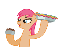 Size: 706x540 | Tagged: safe, artist:brushprism, artist:moonlightthegriffon, tropical spring, earth pony, pony, g4, base used, chocolate chips, female, food, mare, pie, rainbow pie, simple background, solo, white background