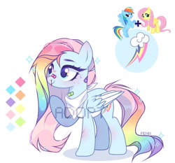 Size: 3127x2910 | Tagged: safe, artist:fenix-artist, fluttershy, rainbow dash, oc, pegasus, pony, g4, blood, colored wings, female, high res, magical lesbian spawn, mare, multicolored hair, neckerchief, nosebleed, offspring, parent:fluttershy, parent:rainbow dash, parents:flutterdash, pegasus oc, rainbow hair, raised hoof, simple background, two toned wings, watermark, white background, wings
