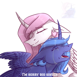 Size: 1280x1280 | Tagged: safe, artist:baradalilly, princess celestia, princess luna, alicorn, pony, crying, curved horn, dialogue, duo, duo female, eye clipping through hair, eyebrows, eyebrows visible through hair, eyes closed, female, floppy ears, frown, horn, mare, open mouth, pink-mane celestia, royal sisters, s1 luna, sad, siblings, signature, simple background, sisters, smiling, white background