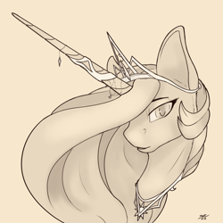 Size: 2160x2160 | Tagged: safe, artist:tenebrisnoctus, princess celestia, alicorn, pony, g4, bust, crown, female, hair over one eye, high res, horn, horn jewelry, jewelry, mare, monochrome, portrait, regalia, signature, sketch, solo
