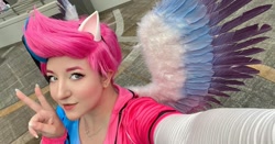 Size: 1080x566 | Tagged: safe, zipp storm, human, pegasus, g5, babscon, babscon 2022, clothes, cosplay, costume, humanized, irl, irl human, peace sign, photo, solo, winged humanization, wings