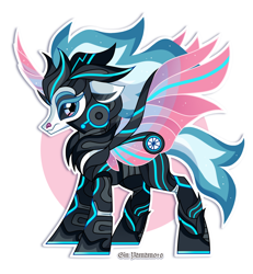 Size: 2150x2327 | Tagged: safe, artist:gkolae, oc, oc only, alicorn, pony, abstract background, alicorn oc, armor, artificial wings, augmented, chest fluff, high res, horn, mechanical wing, solo, wings