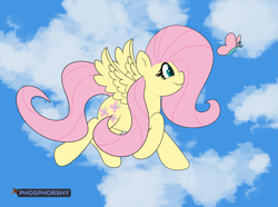 Size: 4167x3099 | Tagged: safe, artist:phosphorshy, fluttershy, butterfly, pegasus, pony, g4, cloud, flying, high res, signature, signed, sky, solo, spread wings, wings
