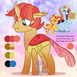 Size: 1280x1280 | Tagged: safe, artist:shiee-artopia223, sassy saddles, sunset shimmer, changedling, changeling, pony, g4, base used, bedroom eyes, clothes, eyelashes, female, frown, fusion, glowing, glowing horn, horn, magic, male, mare, smiling, stallion, telekinesis