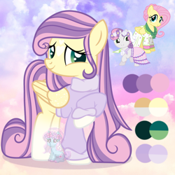 Size: 700x700 | Tagged: safe, artist:shiee-artopia223, fluttershy, sweetie belle, pegasus, pony, unicorn, g4, base used, clothes, dress, eyelashes, female, filly, foal, fusion, fusion:sweetie belle, mare, raised hoof, smiling, sweater, wings