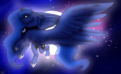 Size: 1300x800 | Tagged: safe, artist:rainfall-wonder, princess luna, alicorn, pony, g4, backlighting, ethereal mane, ethereal tail, female, flying, full moon, mare, moon, night, sky, solo, spread wings, stars, tail, wings