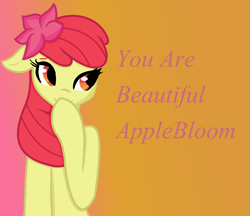 Size: 1000x862 | Tagged: safe, artist:felixaimeegarcia, apple bloom, earth pony, pony, g4, female, filly, flower, foal, hoof over mouth, smiling, solo, text