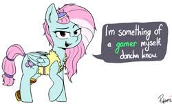 Size: 1843x1110 | Tagged: safe, artist:pinkberry, kerfuffle, pegasus, pony, g4, rainbow roadtrip, female, gamer, mare, simple background, solo, speech, talking, text, white background