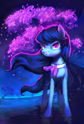 Size: 3000x4400 | Tagged: safe, artist:terrafomer, octavia melody, earth pony, pony, g4, cherry blossoms, female, flower, flower blossom, limited palette, mare, puddle, solo, tree, water, windswept mane