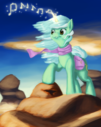 Size: 3000x3746 | Tagged: safe, artist:terrafomer, lyra heartstrings, pony, unicorn, g4, clothes, female, glowing, glowing horn, high res, horn, magic, mare, music notes, rock, scarf, smiling, solo, windswept mane