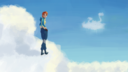 Size: 4551x2560 | Tagged: safe, artist:terrafomer, spitfire, human, g4, boots, clothes, cloud, cloudsdale, female, goggles, hairpin, hooded leotard, humanized, looking at you, looking back, looking back at you, on a cloud, pants, shoes, sky, smiling, solo, standing on a cloud, uniform, wonderbolts uniform