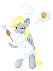 Size: 1578x2107 | Tagged: safe, artist:rainbow eevee, derpy hooves, pegasus, pony, baker, bipedal, chef, chef's hat, cute, derpabetes, eyelashes, female, folded wings, food, hat, muffin, one eye closed, simple background, solo, spoon, standing, thought bubble, tongue out, transparent background, vector, wings, wooden spoon, yellow hair