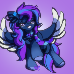 Size: 3000x3000 | Tagged: safe, artist:umbrapone, oc, oc only, oc:sylvie, pegasus, pony, blue mane, blue tail, cel shading, chest fluff, clothes, ear fluff, earpiece, flying, hooves, long mane, markings, pegasus oc, purple eyes, purple mane, purple tail, scarf, shading, simple background, smiling, solo, striped mane, striped scarf, tail, teeth