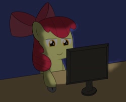 Size: 2680x2184 | Tagged: safe, artist:toryu137, apple bloom, earth pony, pony, g4, female, filly, foal, high res, monitor, night, pc, smiling, solo