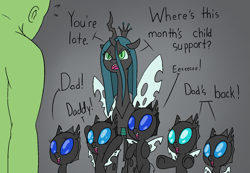 Size: 1565x1080 | Tagged: safe, artist:happy harvey, queen chrysalis, oc, oc:anon, changeling, changeling queen, human, pony, angry, child support, colt, dialogue, drawn on phone, drawthread, excited, father, father and child, female, filly, foal, happy, male, mother, mother and child, ponified, pregnant, sweat, sweatdrop