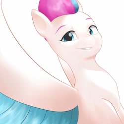 Size: 1600x1600 | Tagged: safe, artist:pascal571, zipp storm, pegasus, pony, g5, colored wings, eyebrows, female, grin, looking at you, mare, simple background, smiling, smiling at you, solo, spread wings, white background, wings