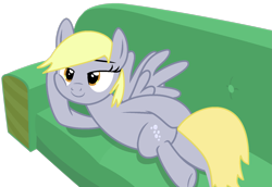 Size: 1569x1078 | Tagged: safe, artist:katnekobase, artist:twilyisbestpone, derpy hooves, pegasus, pony, g4, base used, bedroom eyes, couch, cute, derpabetes, draw me like one of your french girls, female, hoof on cheek, lidded eyes, lying down, mare, on side, prone, seductive, seductive pose, sexy, show accurate, simple background, smiling, solo, transparent background, underp