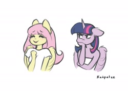 Size: 2048x1448 | Tagged: safe, artist:katputze, fluttershy, twilight sparkle, alicorn, pegasus, anthro, g4, alternate hairstyle, bangs, bare shoulders, clothes, cute, duo, eyes closed, female, floppy ears, mare, shirt, shyabetes, signature, simple background, smiling, twilight sparkle (alicorn), white background